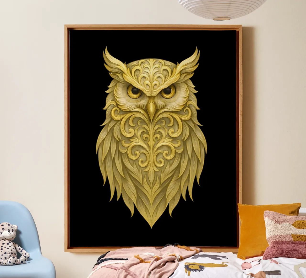 Gufo reale d'oro con motivi di piume ornate tela con Cornice a cassetta da LM2KONE