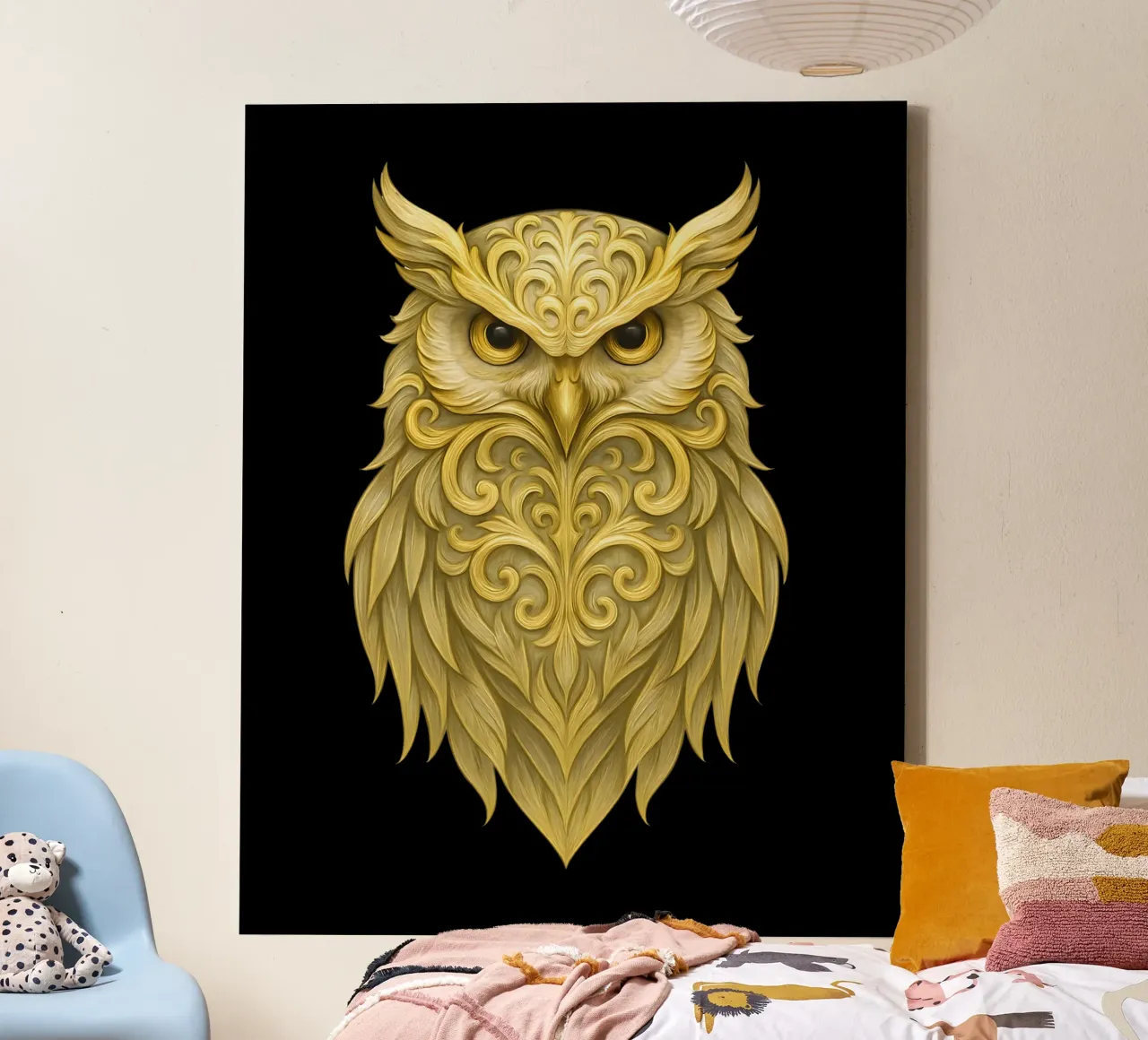 Gufo reale d'oro con motivi di piume ornate tela con Cornice a cassetta da LM2KONE