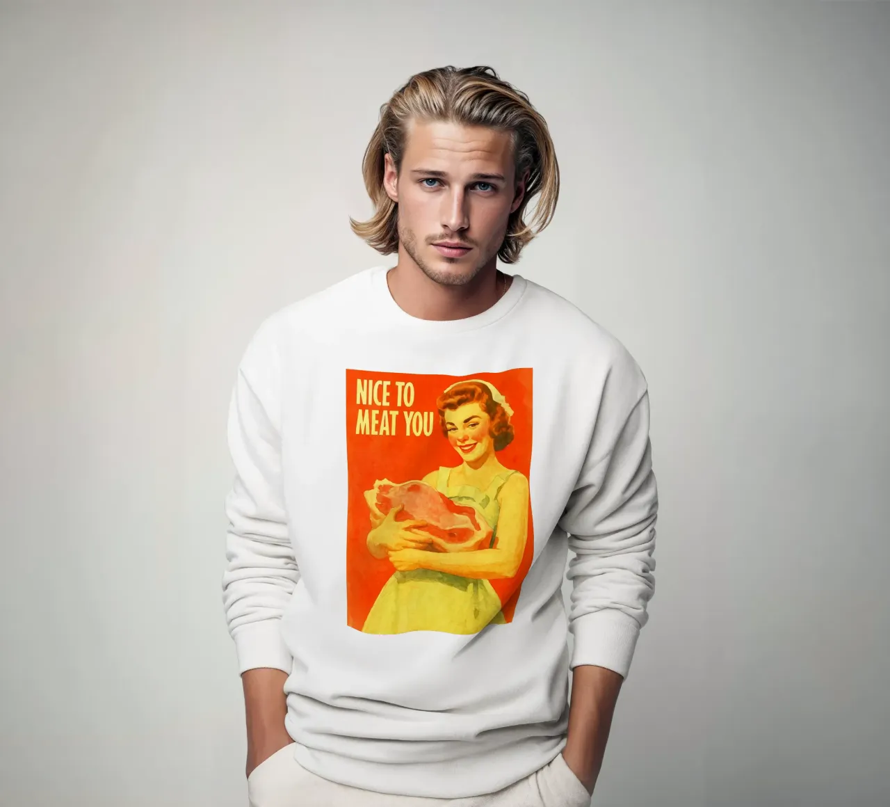 nice to meat you woman retro classic painting sweatshirt by pakazi