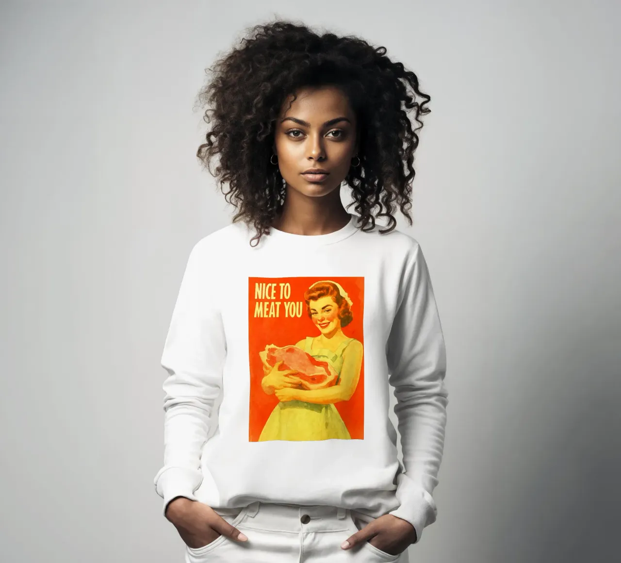 nice to meat you woman retro classic painting sweatshirt by pakazi