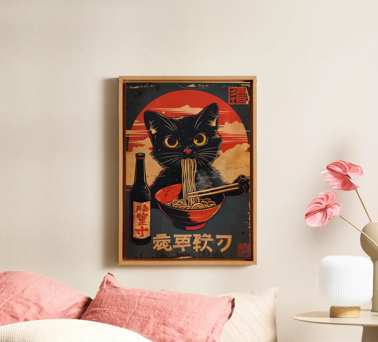 gatto spaghetti ramen tela con Cornice a cassetta da Bernadette Miller