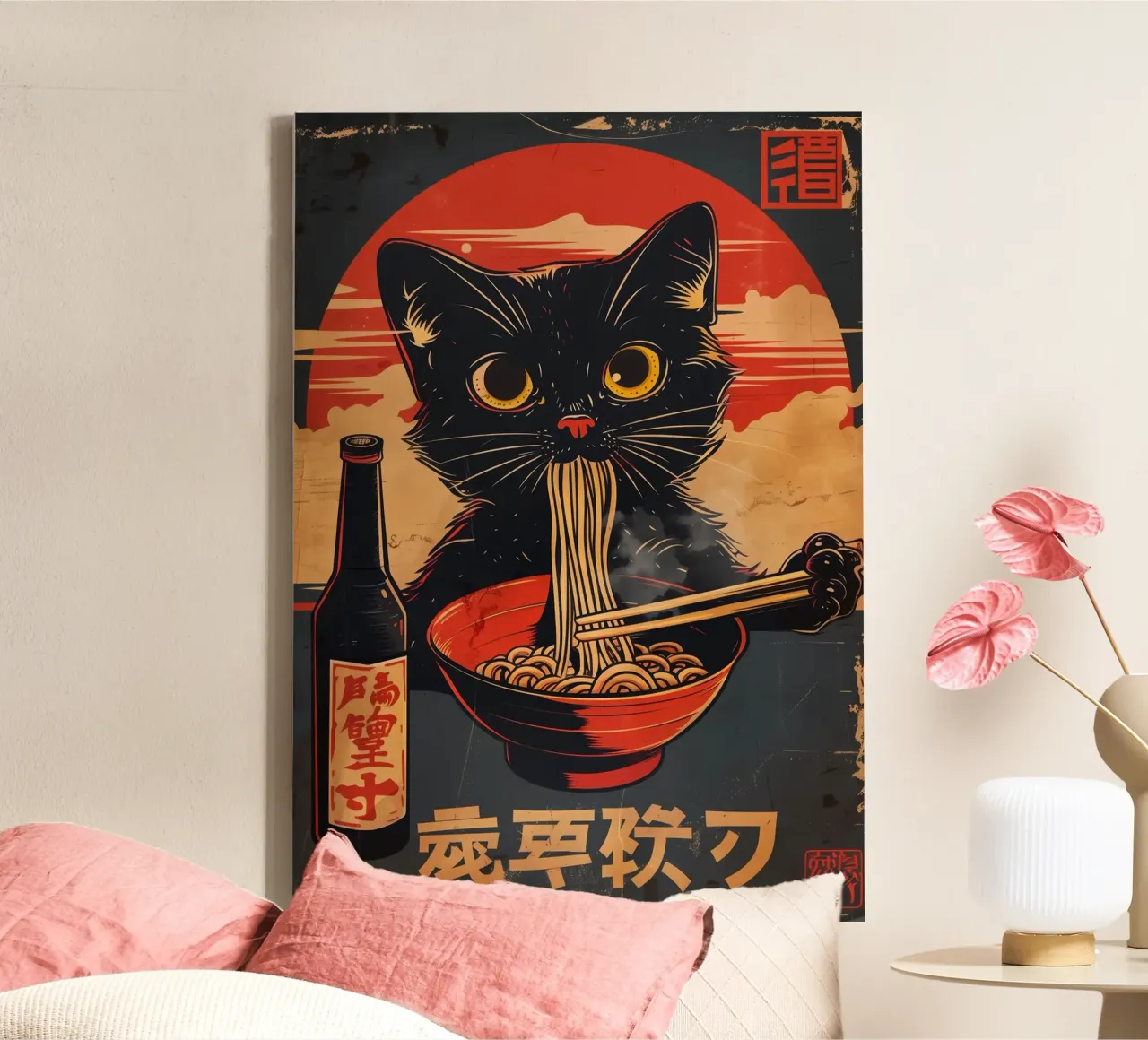 gatto spaghetti ramen tela con Cornice a cassetta da Bernadette Miller