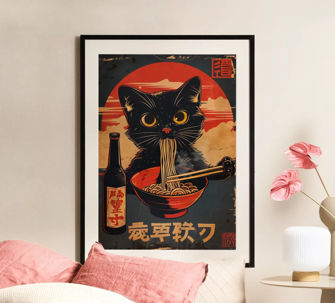 gatto spaghetti ramen poster con telaio in alluminio da Bernadette Miller