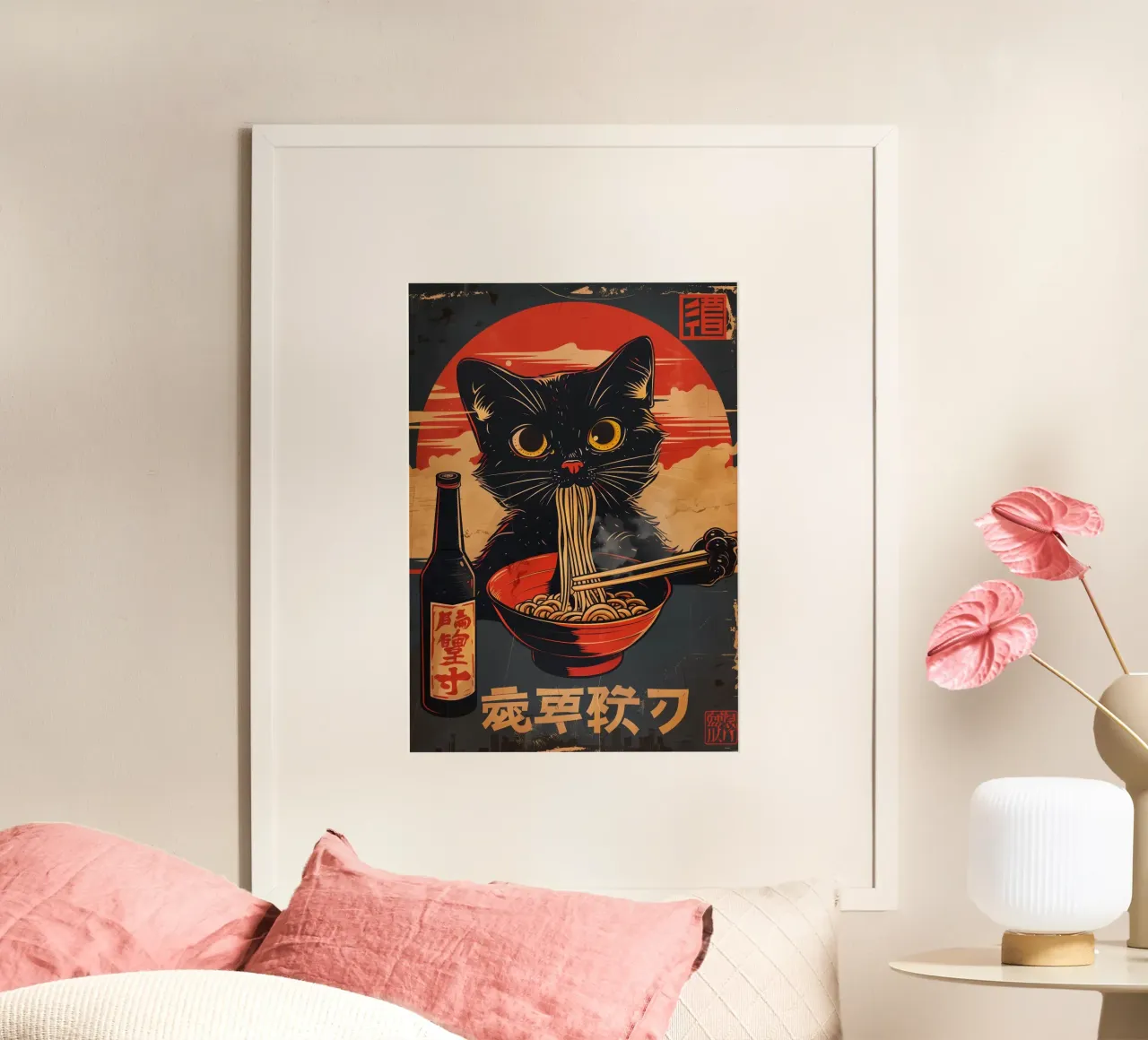 gatto spaghetti ramen poster con telaio in alluminio da Bernadette Miller