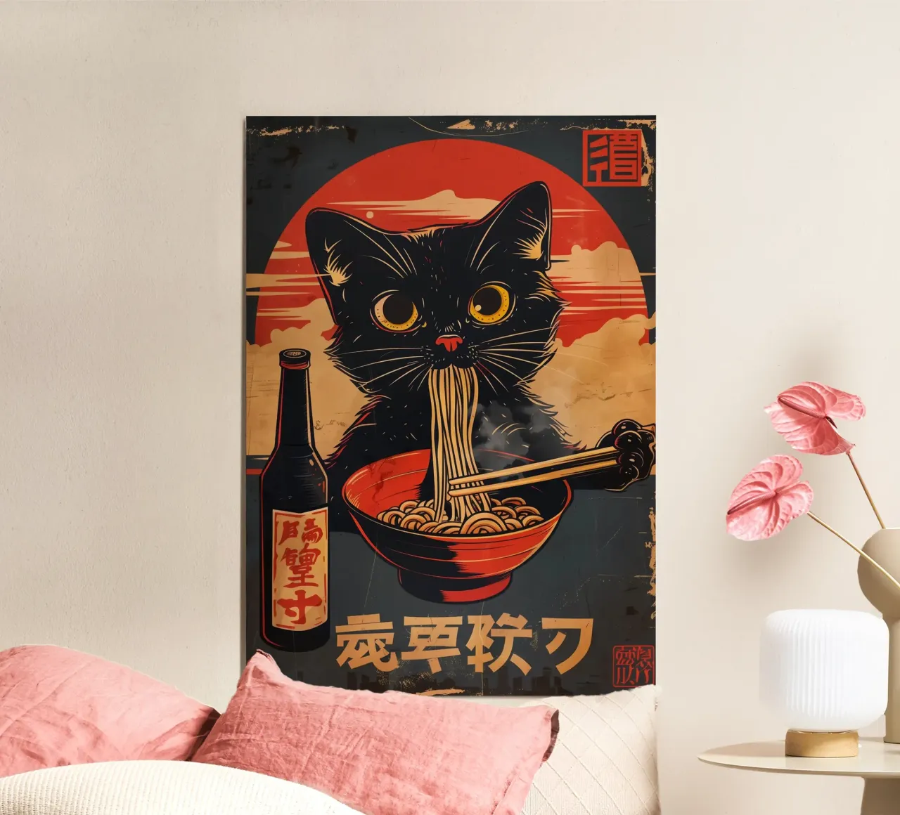 gatto spaghetti ramen poster con telaio in alluminio da Bernadette Miller