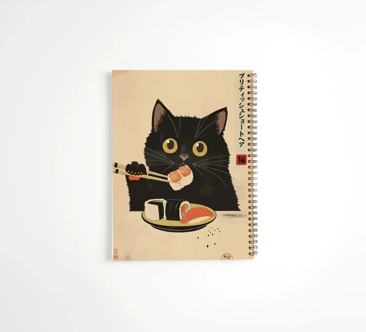 black cat chopsticks sushi spiral notebook by Bernadette Miller