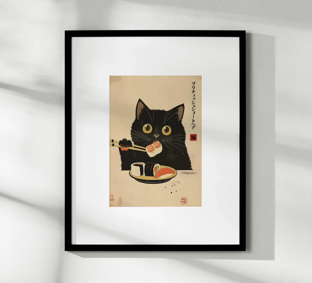gatto nero bacchette sushi poster con telaio in alluminio da Bernadette Miller