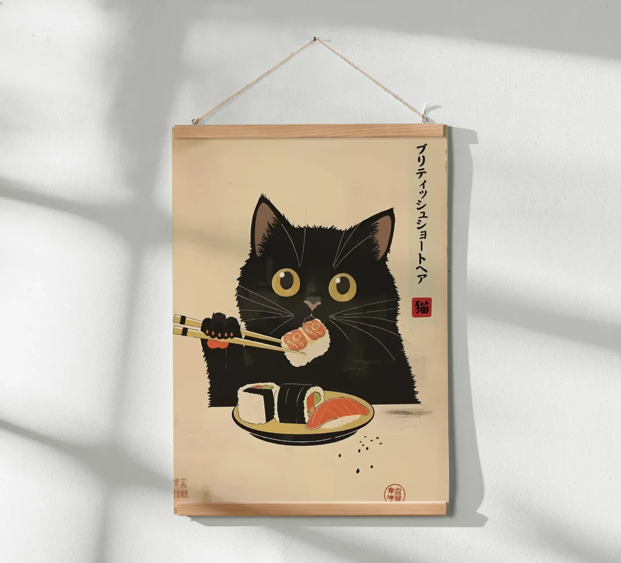 gatto nero bacchette sushi poster con telaio in alluminio da Bernadette Miller