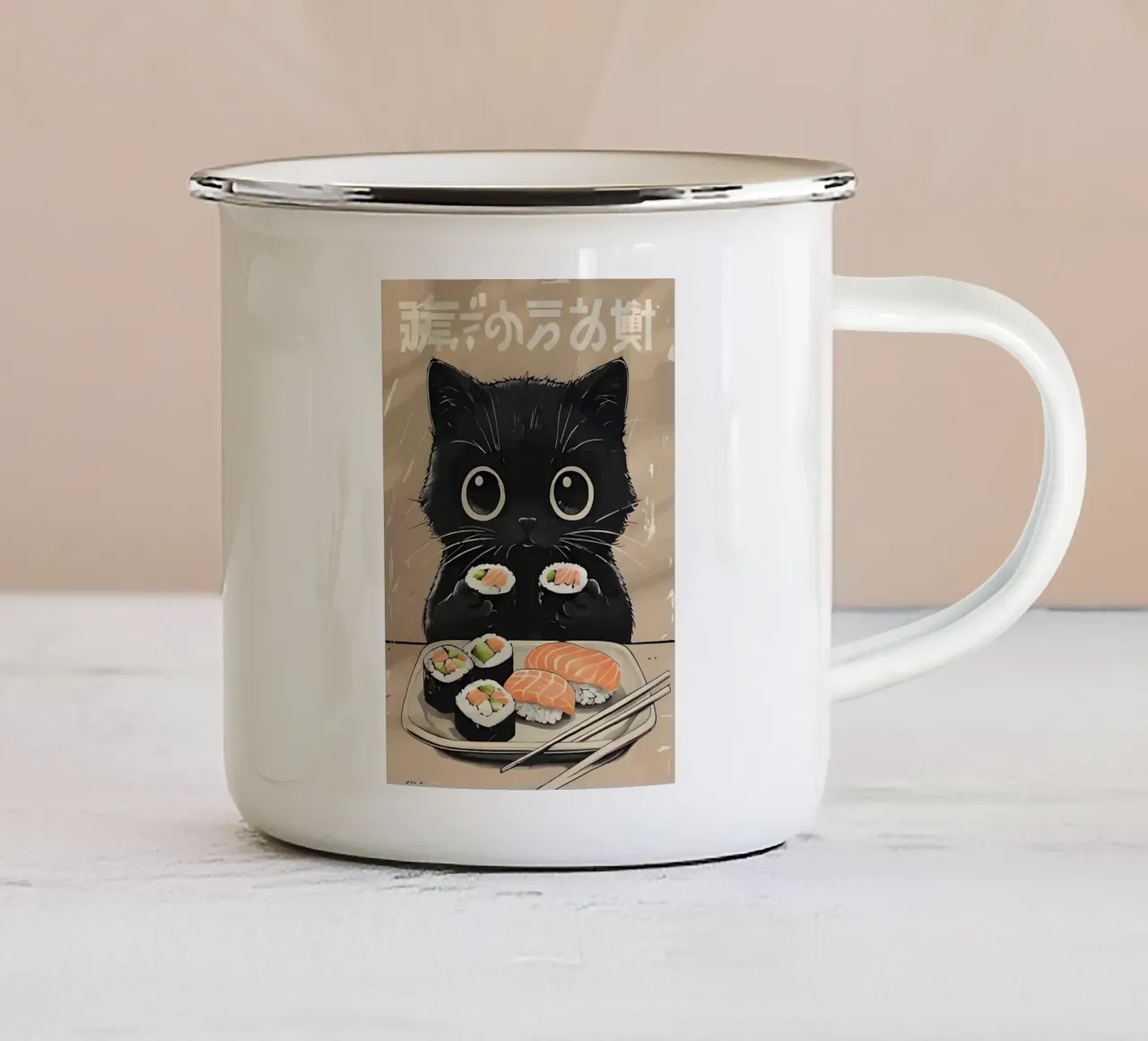 gatto nero gatto sushi tazza in smalto da Bernadette Miller