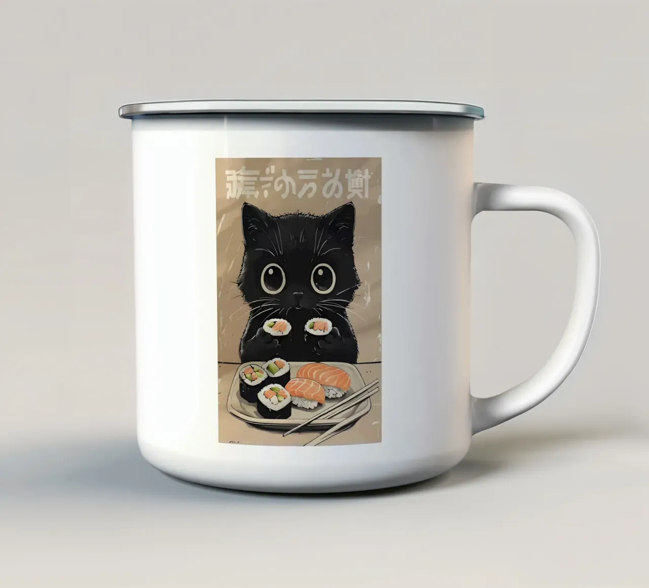gatto nero gatto sushi tazza in smalto da Bernadette Miller