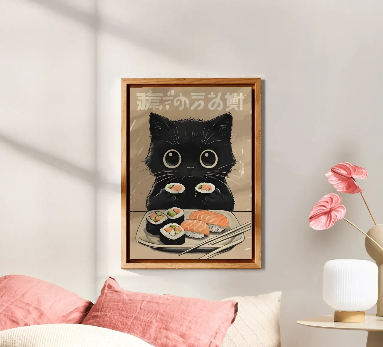 gato gato negro sushi aluminio dibond de Bernadette Miller