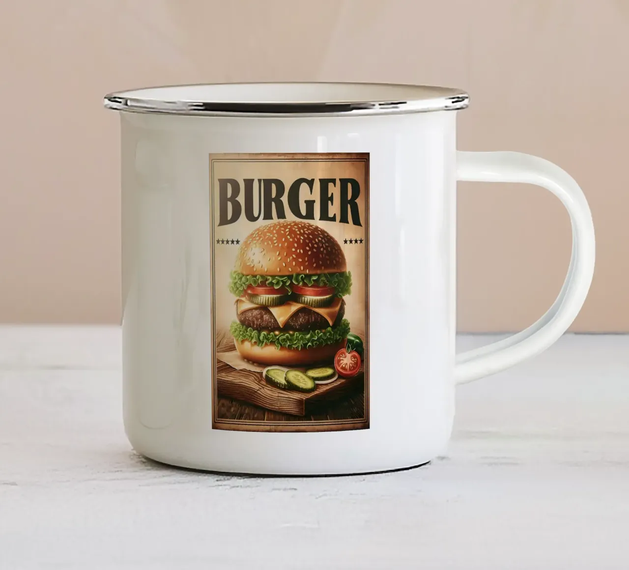 hamburger lattuga pomodoro tazza in smalto da Bernadette Miller