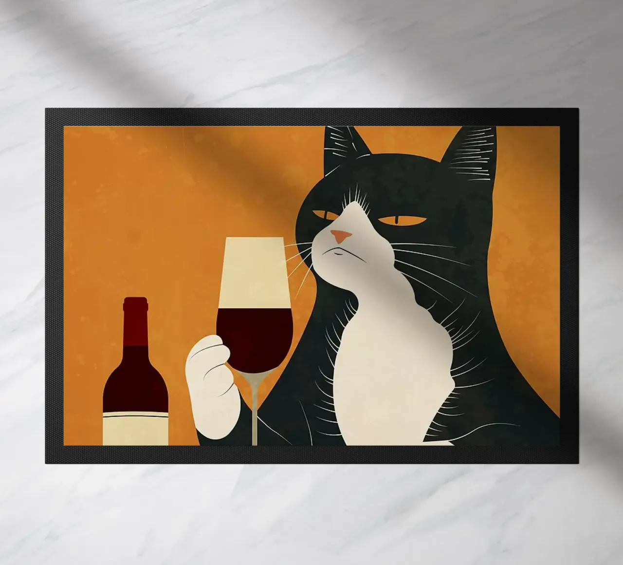 cat wine glass bottle doormat by Bernadette Miller