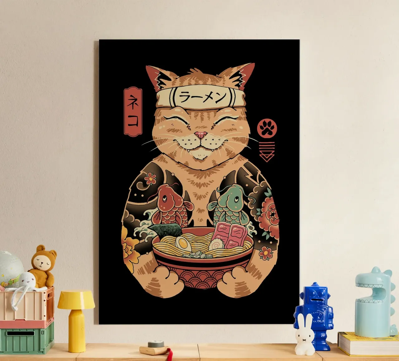 cat ramen fish acrylic glass by Bernadette Miller
