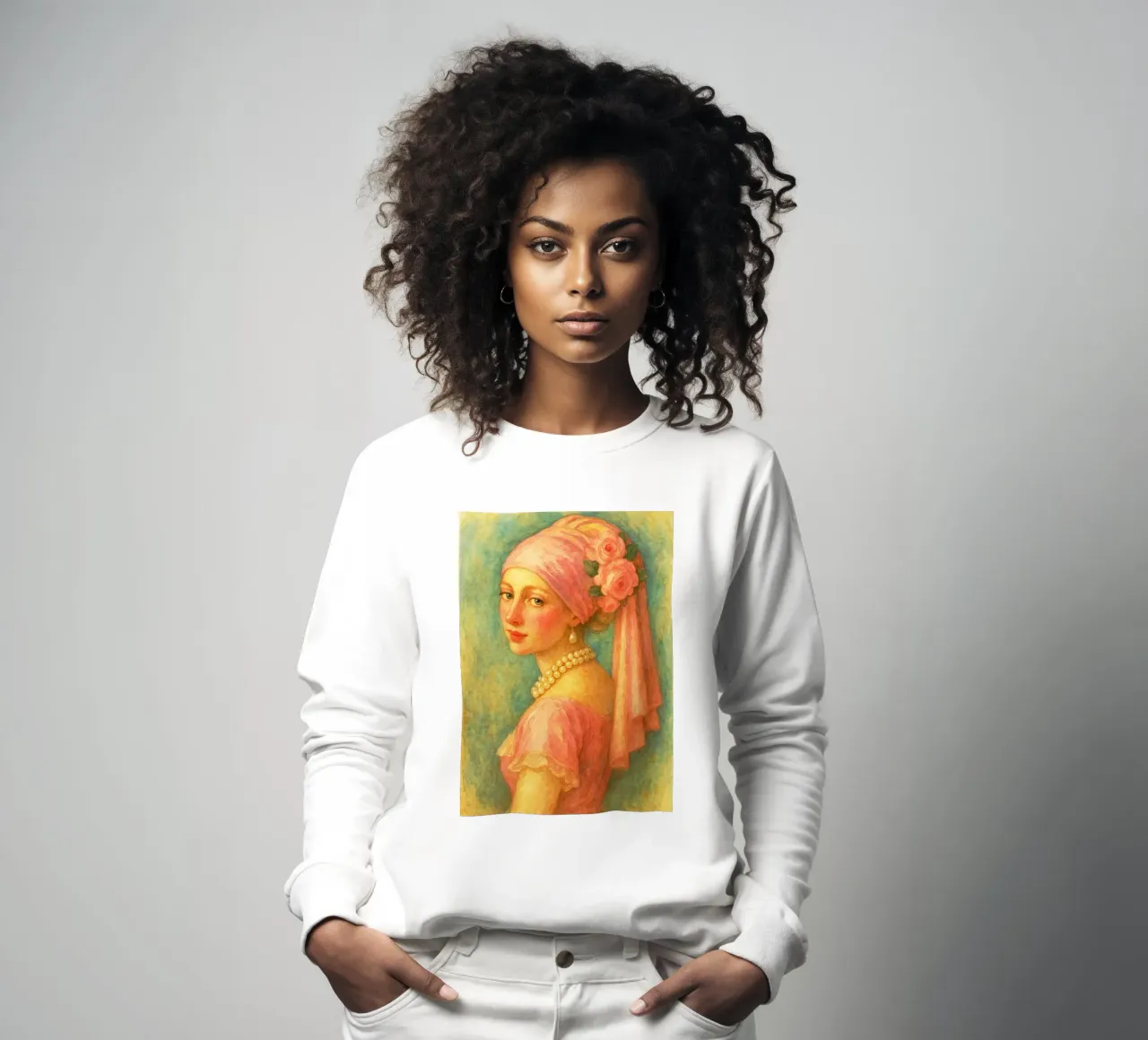 retro classico pittura ragazza con orecchini di perle felpa da pakazi