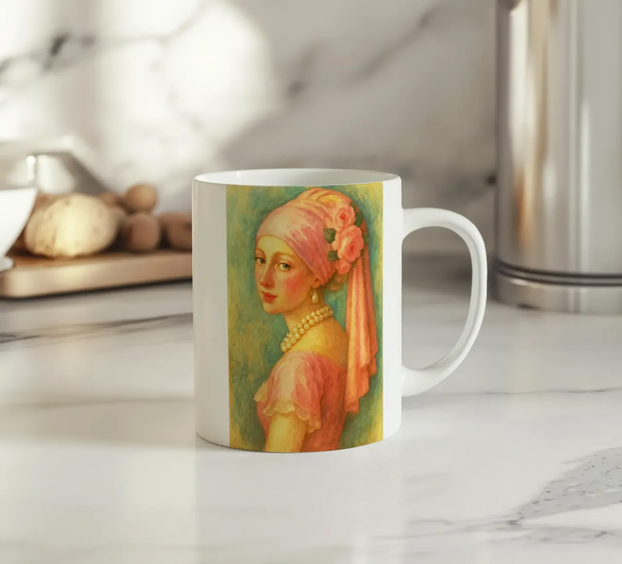 retro classico pittura ragazza con orecchini di perle tazza in ceramica da pakazi