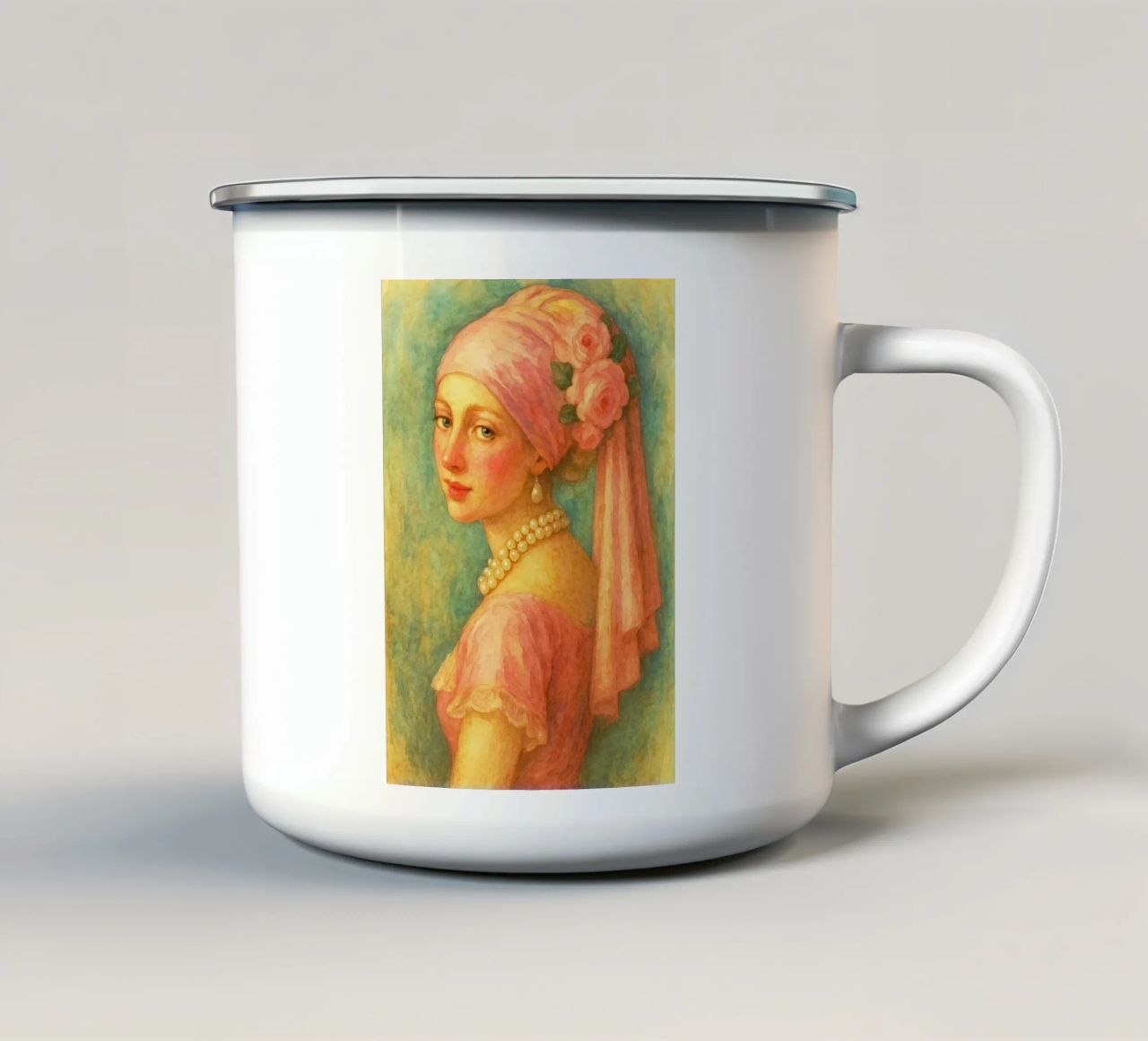 retro classico pittura ragazza con orecchini di perle tazza in smalto da pakazi