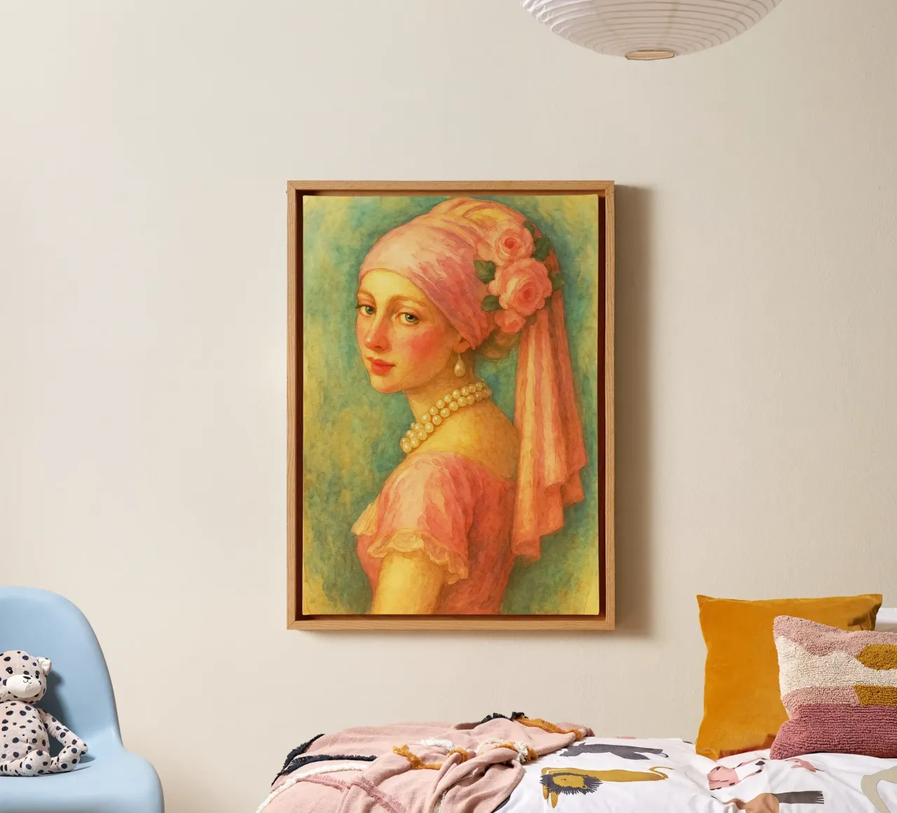 retro classico pittura ragazza con orecchini di perle tela con Cornice a cassetta da pakazi