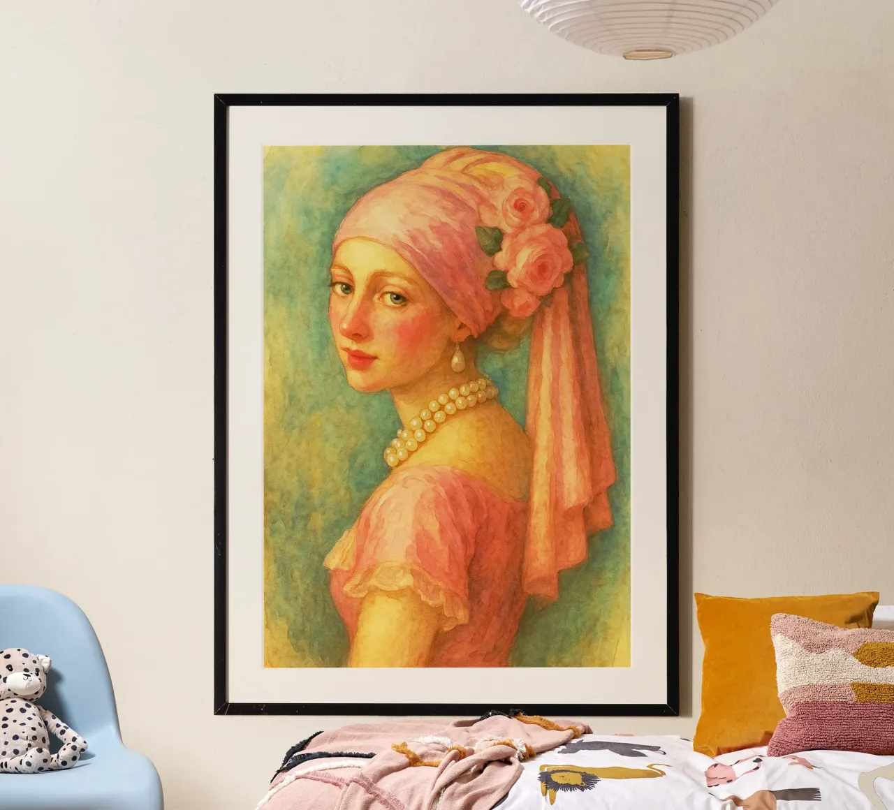 retro classico pittura ragazza con orecchini di perle poster con telaio in alluminio da pakazi