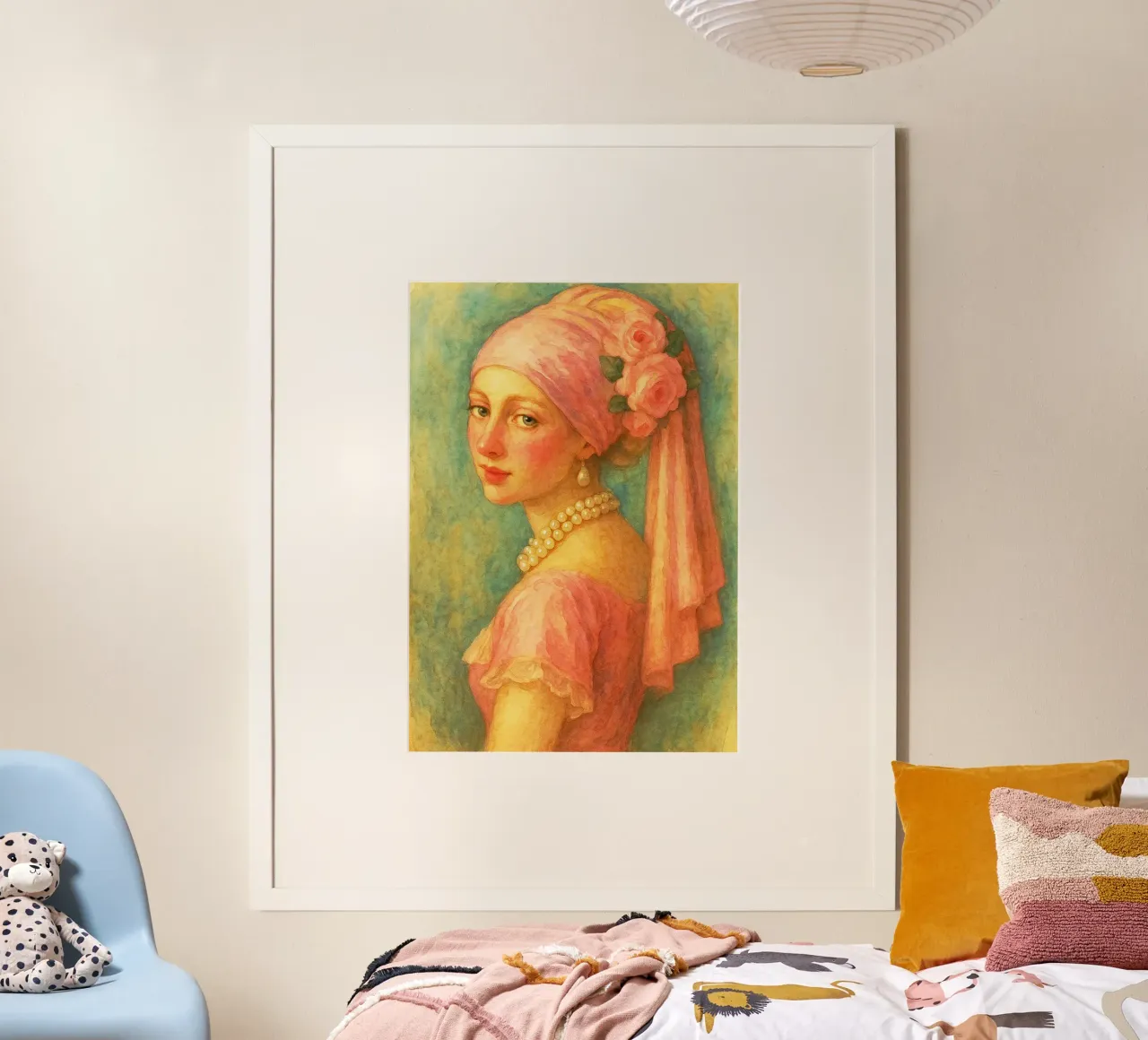 retro classico pittura ragazza con orecchini di perle poster con telaio in alluminio da pakazi
