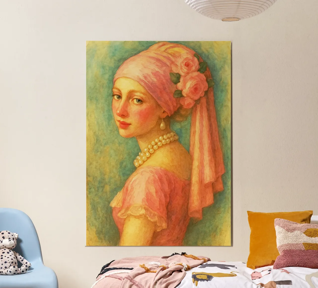 retro classico pittura ragazza con orecchini di perle poster con telaio in alluminio da pakazi
