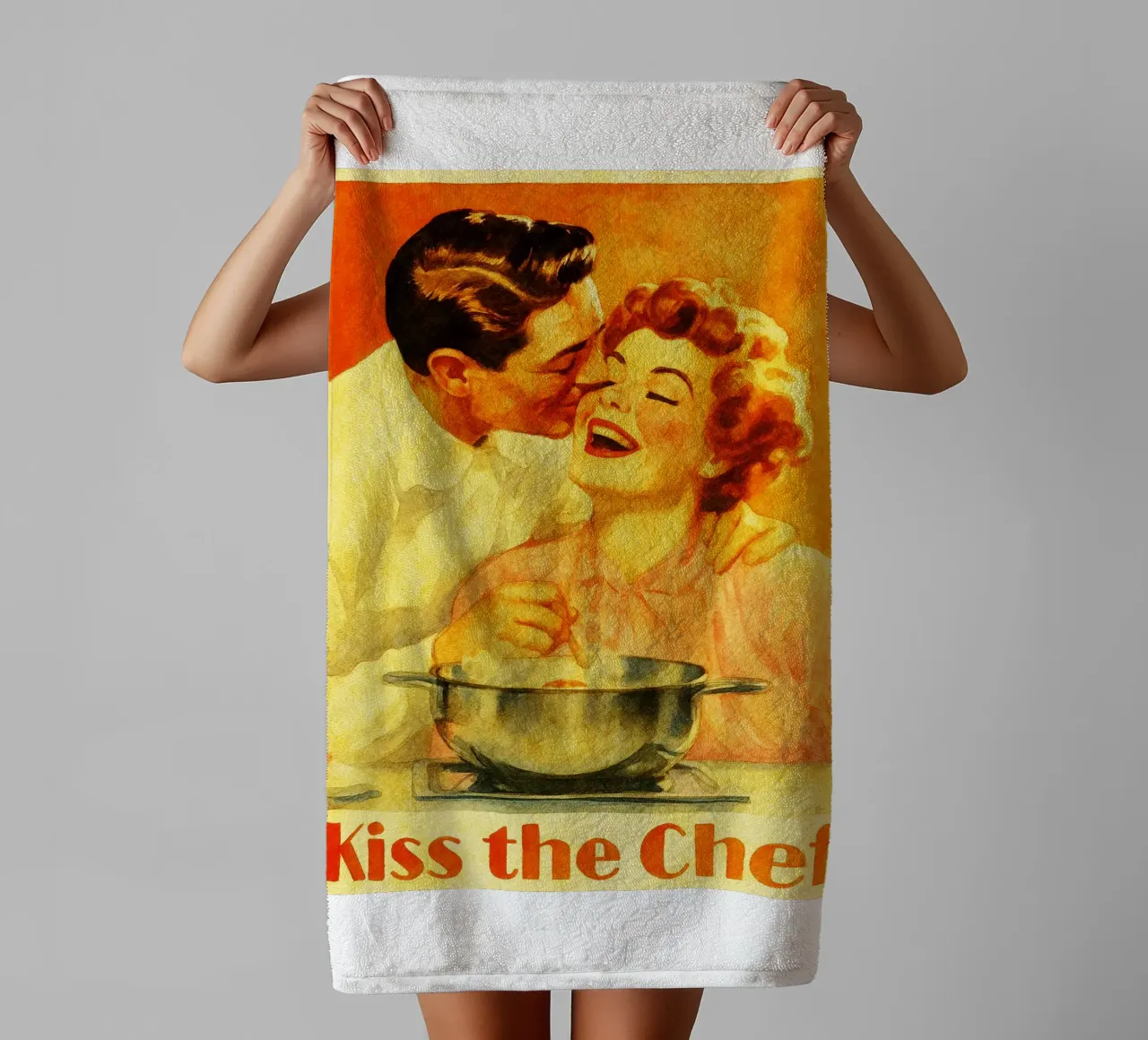 retro couple kiss the chef towel by pakazi