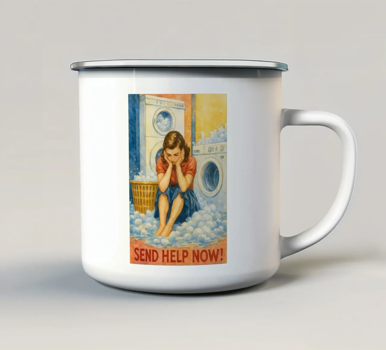 traurige Frauen schicken jetzt Hilfe ins Bad Emaille Tasse von pakazi
