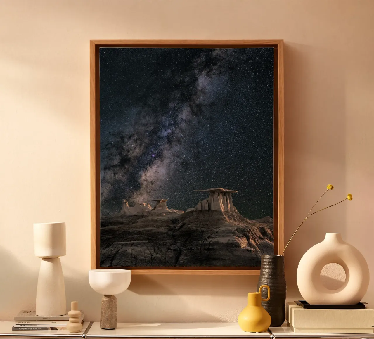 rock formations behind starry sky canvas by space words