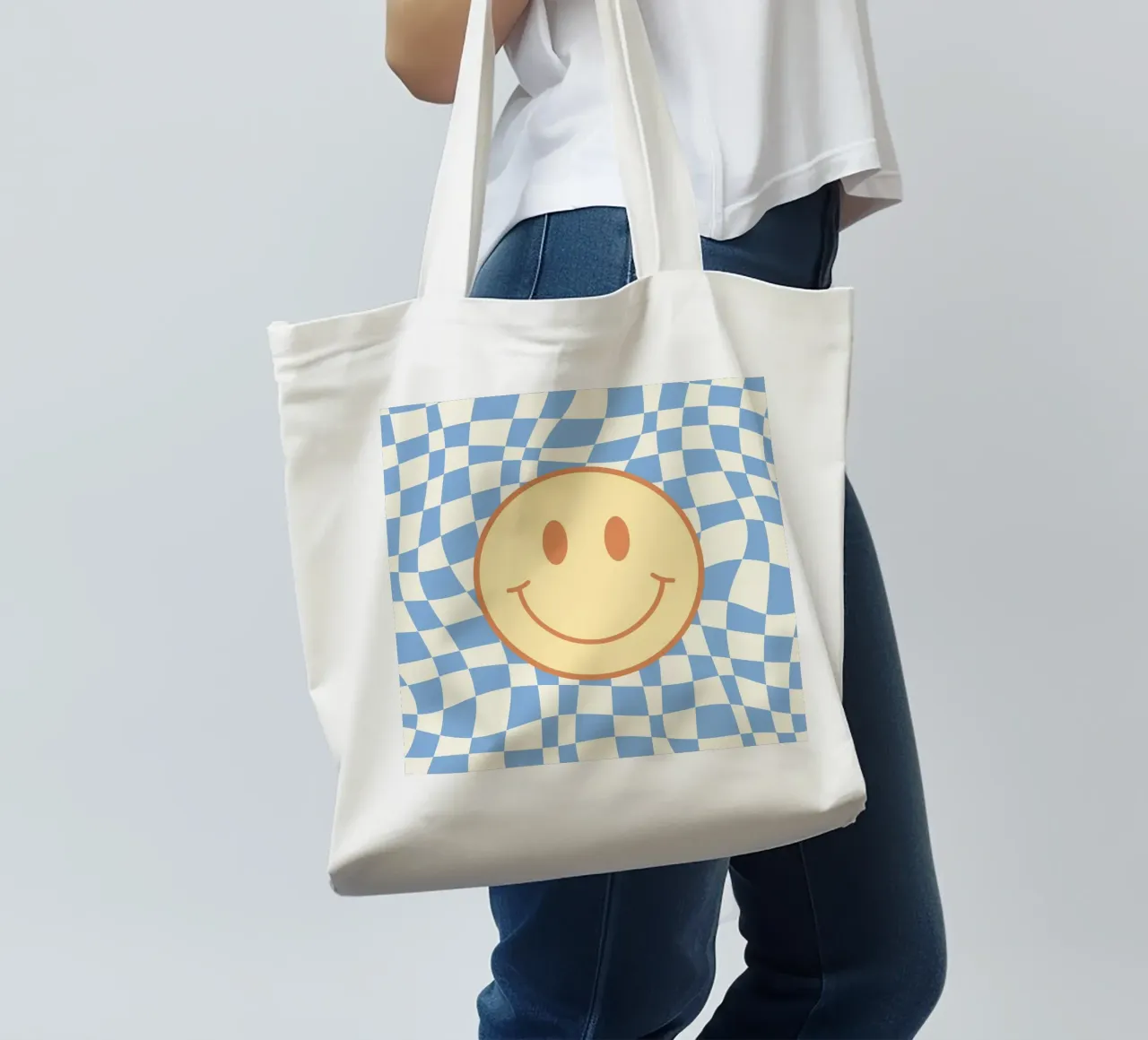 Baby blue smiley checker tote bag by Little Dean