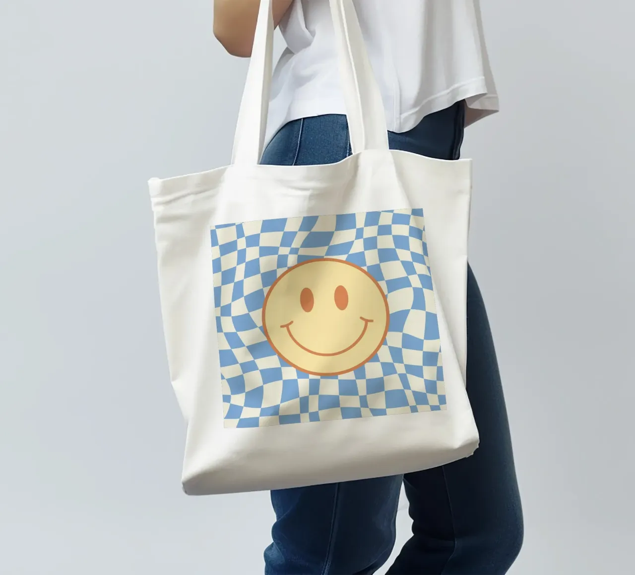 Baby blue smiley checker tote bag by Little Dean