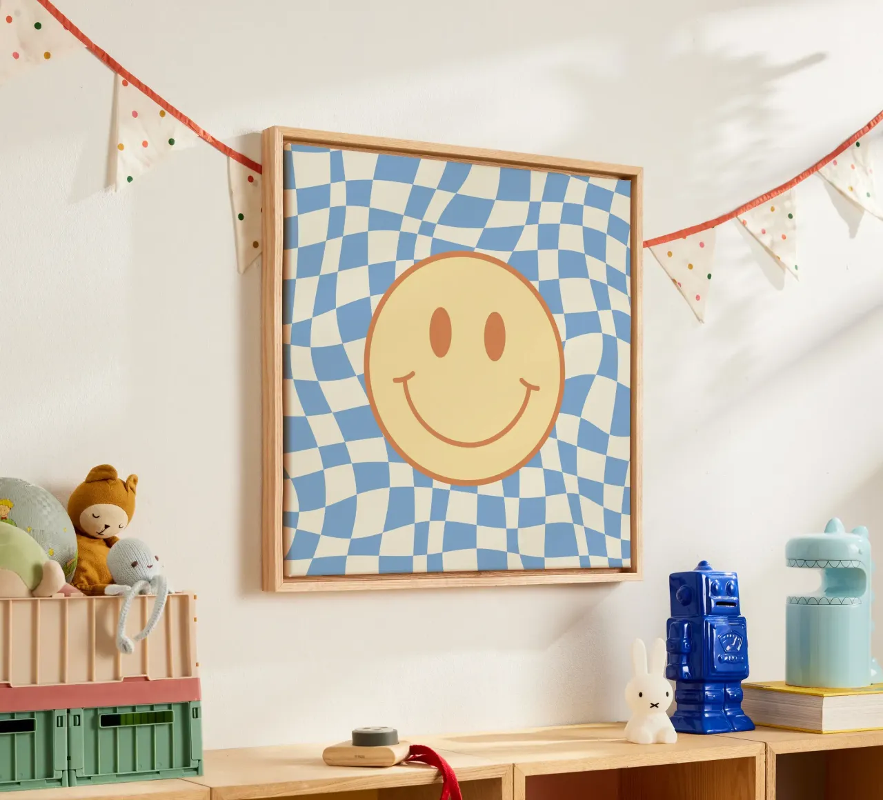 Baby blue smiley checker canvas by Little Dean