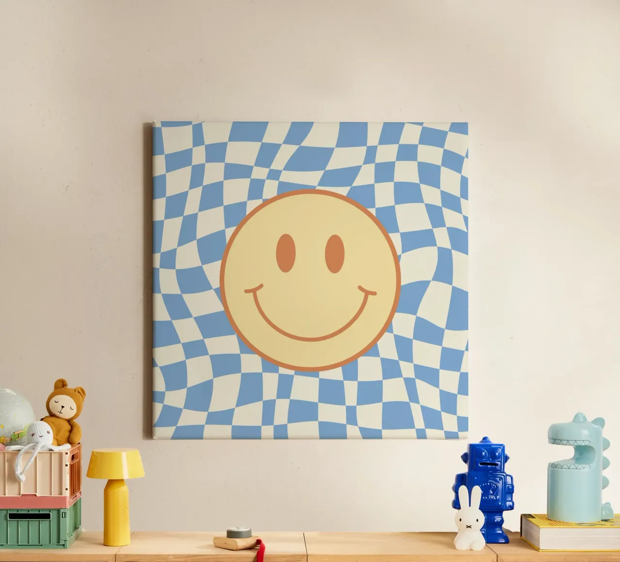 Baby blue smiley checker canvas by Little Dean