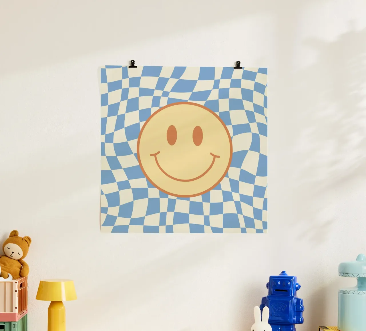 Baby blue smiley checker poster by Little Dean