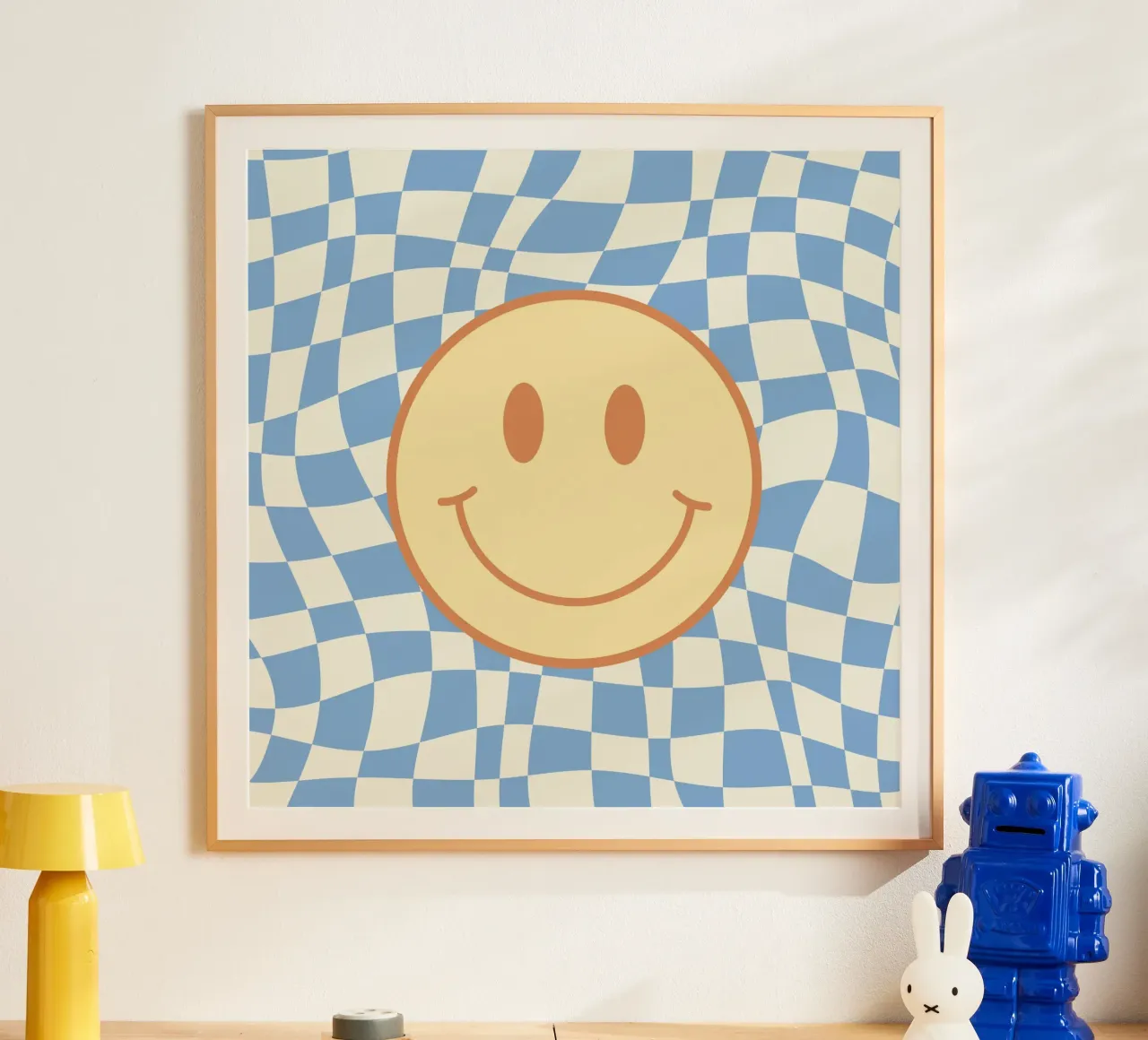 Baby blue smiley checker poster by Little Dean