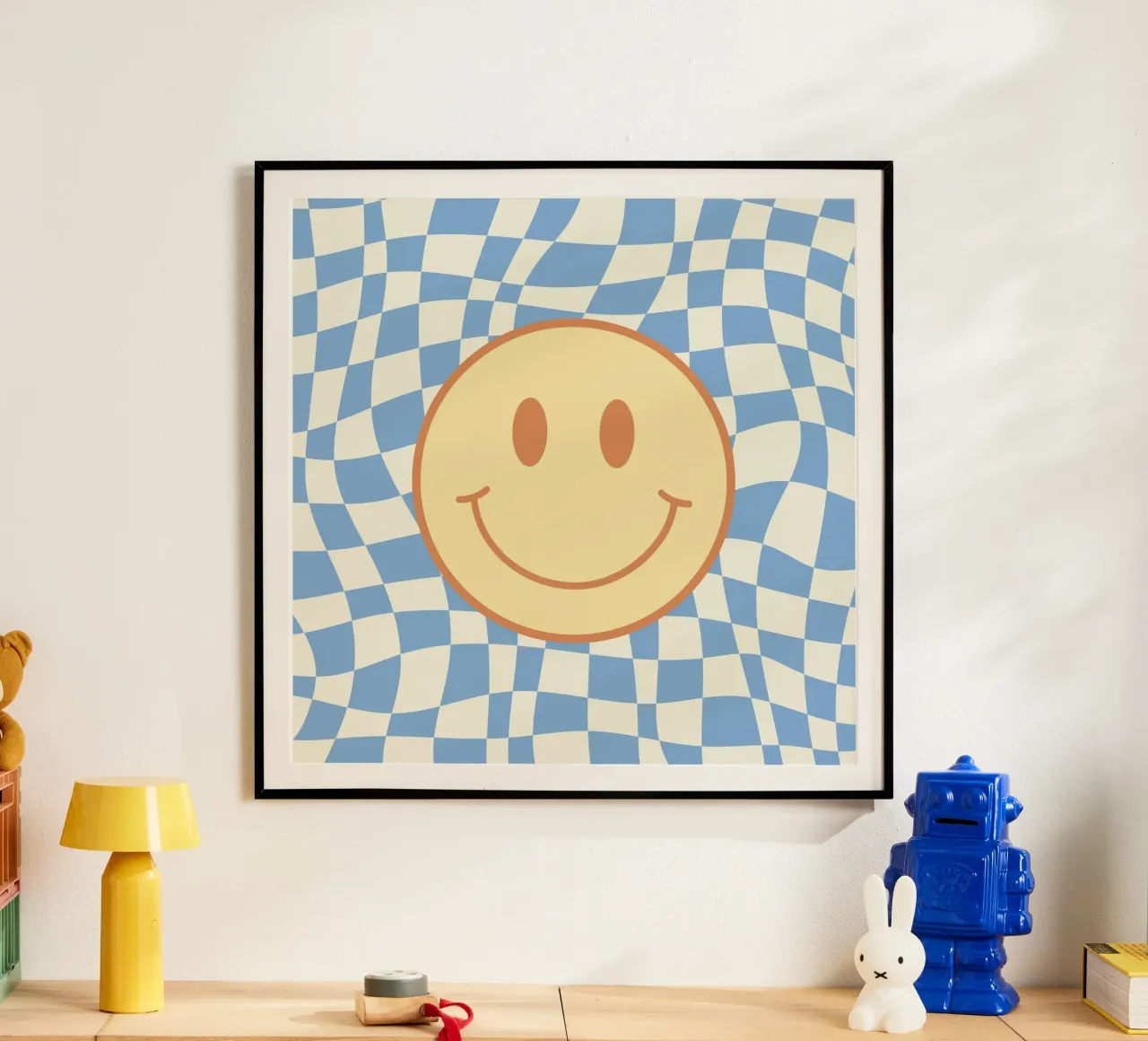 Baby blue smiley checker poster by Little Dean