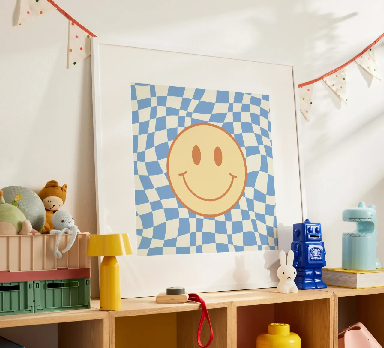 Baby blue smiley checker poster by Little Dean
