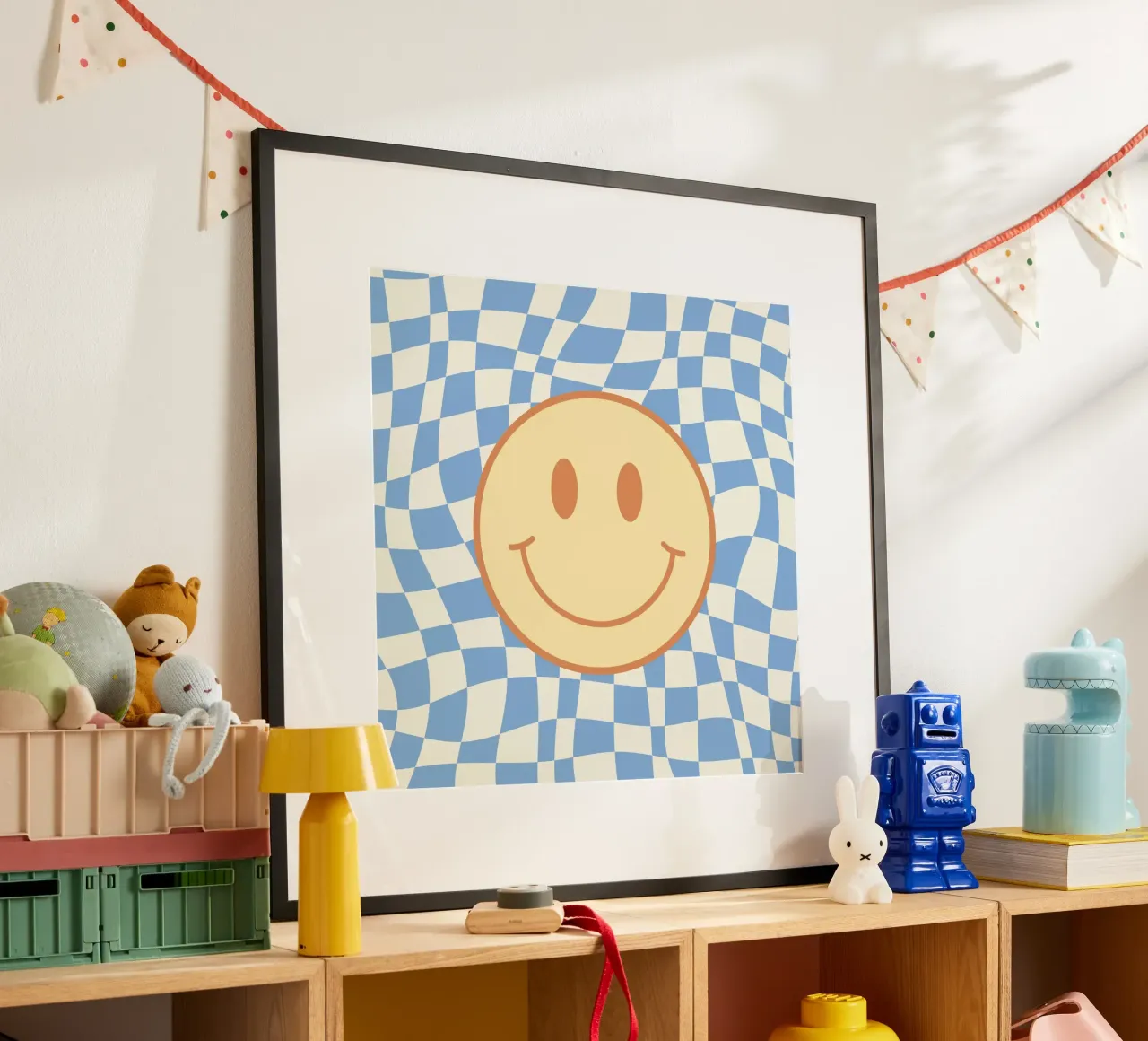 Baby blue smiley checker poster by Little Dean