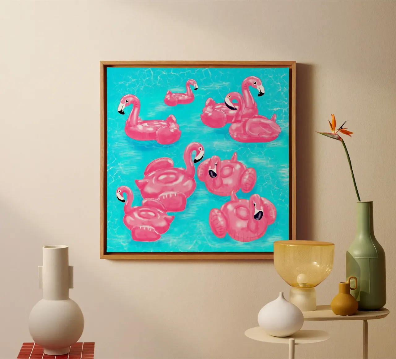 Zwembad met flamingo - Tropische zomervibes canvas met Baklijst van EDMPROJECT