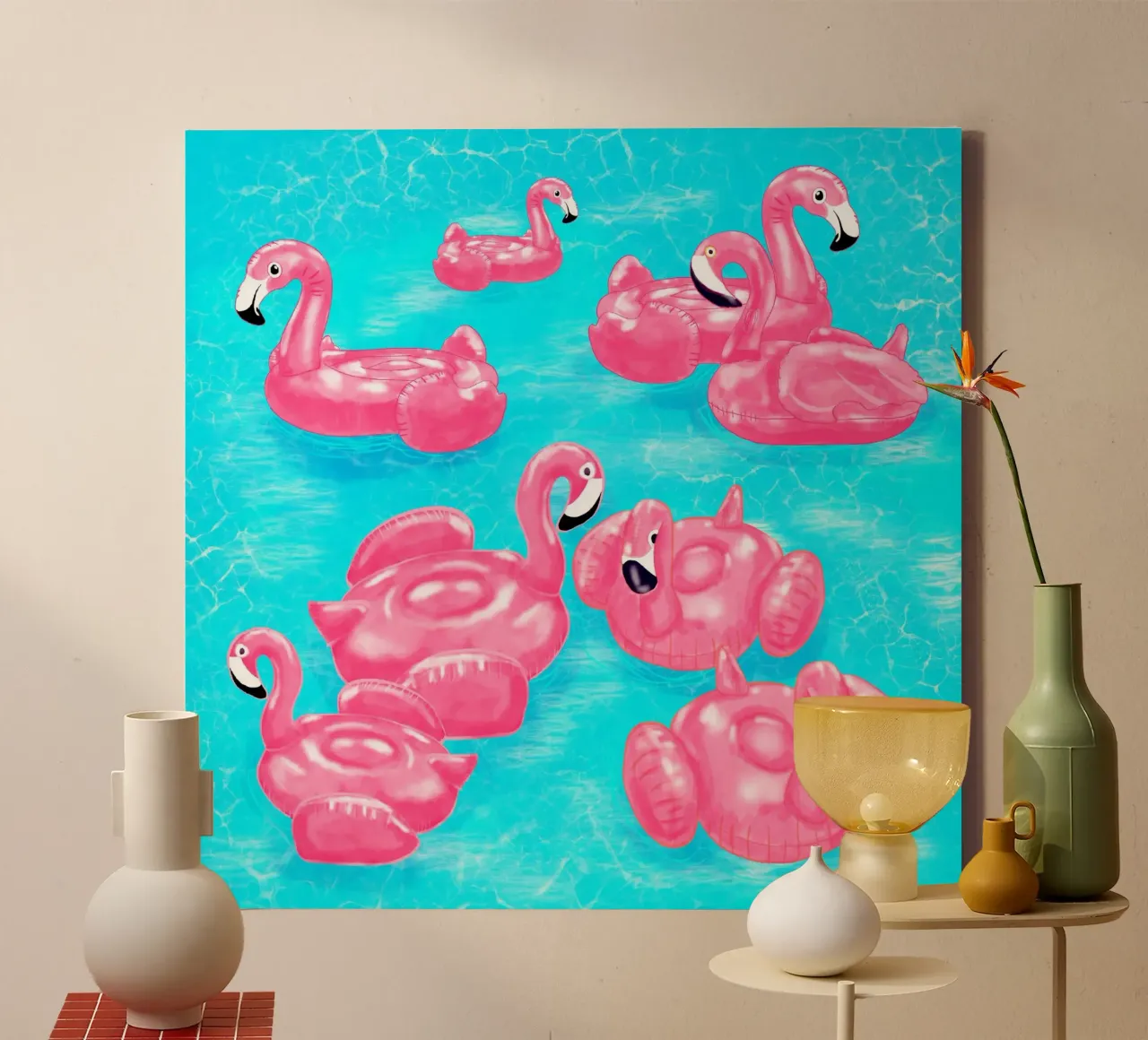 Zwembad met flamingo - Tropische zomervibes canvas met Baklijst van EDMPROJECT