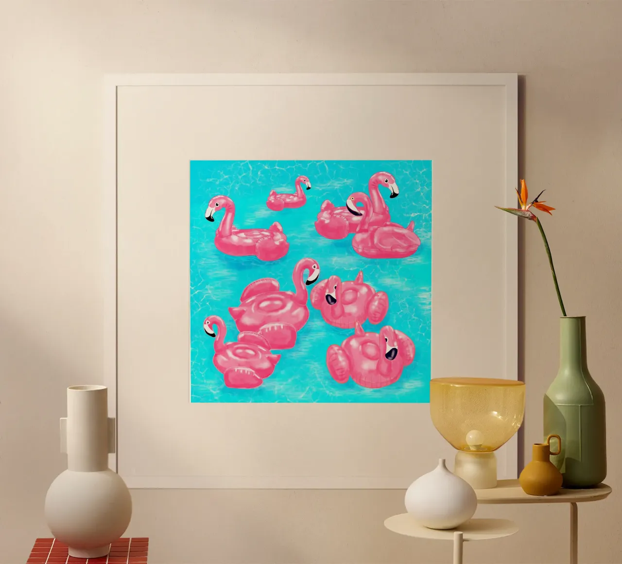 Zwembad met flamingo - Tropische zomervibes poster met aluminium frame van EDMPROJECT