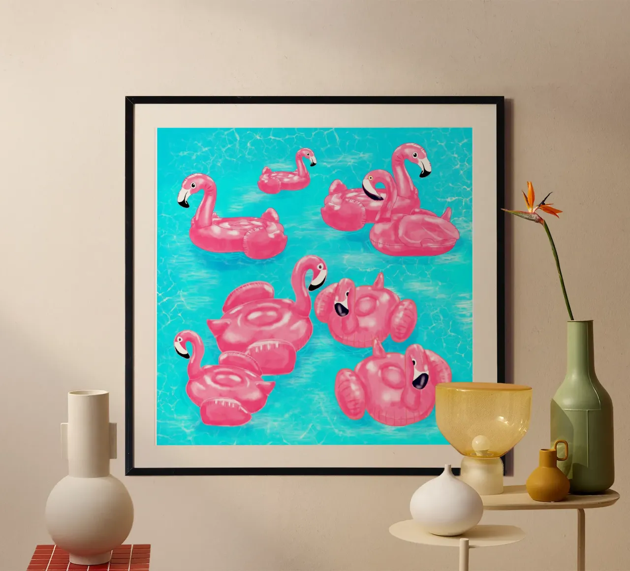 Zwembad met flamingo - Tropische zomervibes poster met aluminium frame van EDMPROJECT