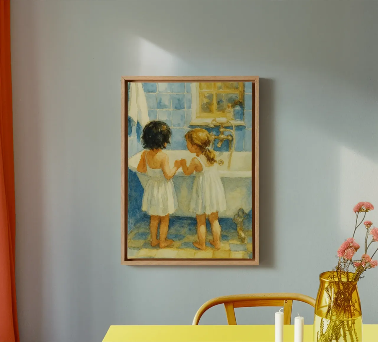 twee babymeisjes in de badkamer canvas met Baklijst van pakazi
