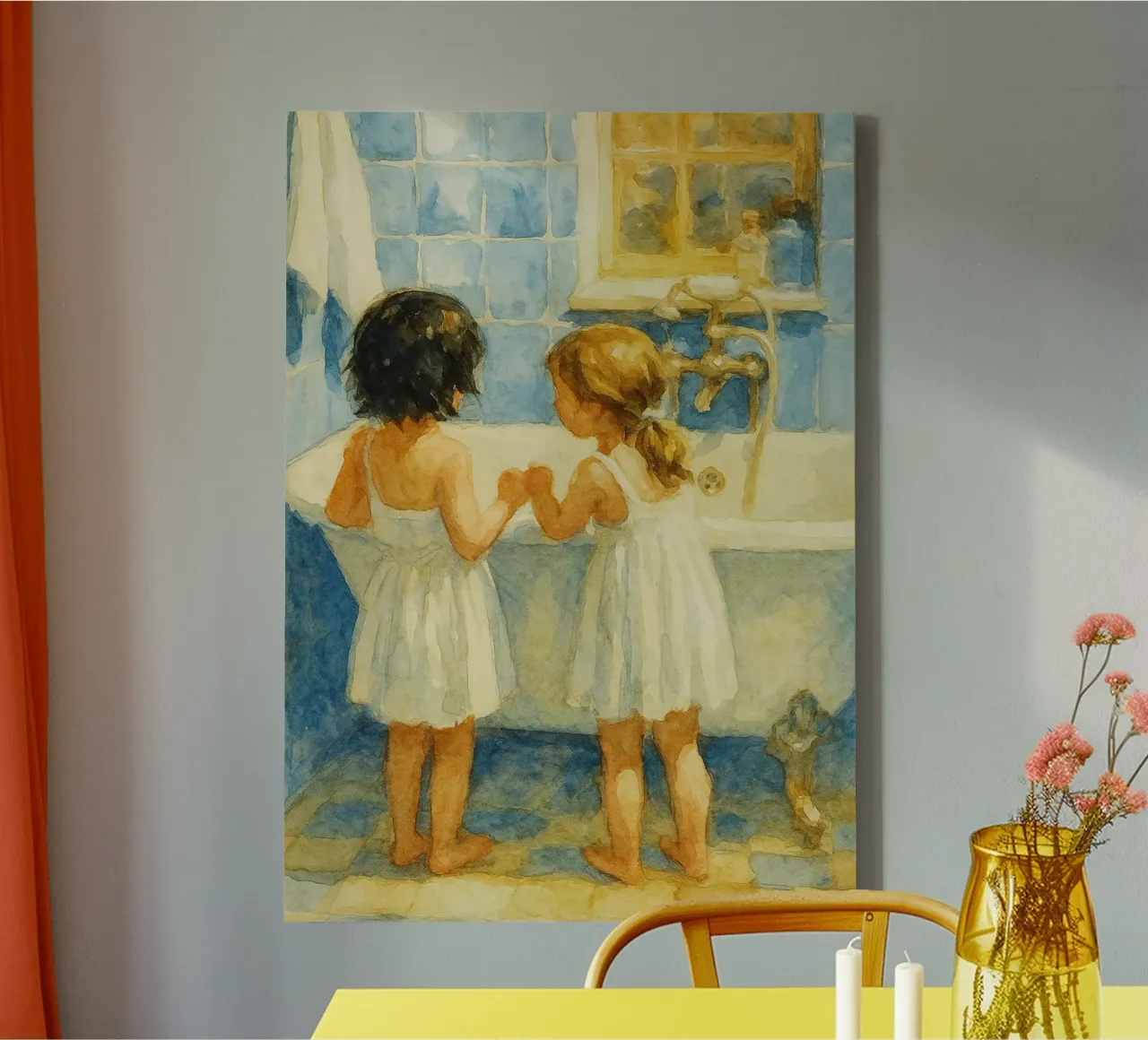 twee babymeisjes in de badkamer canvas met Baklijst van pakazi