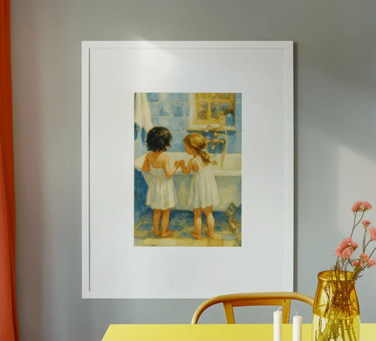 due bambine in bagno poster con telaio in plastica da pakazi