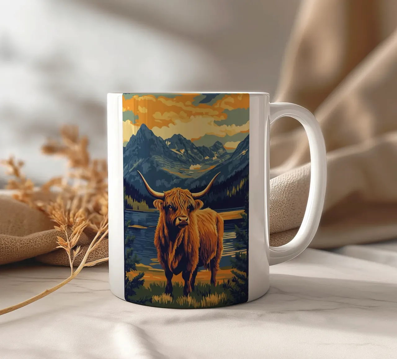 Paesaggio montano della mucca delle Highlands tazza in ceramica da book