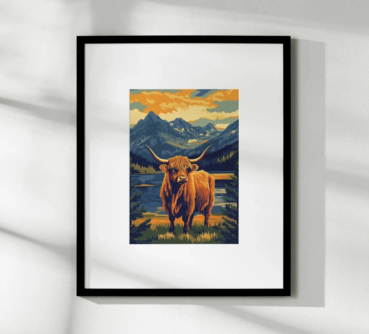 Paesaggio montano della mucca delle Highlands poster con telaio in alluminio da book