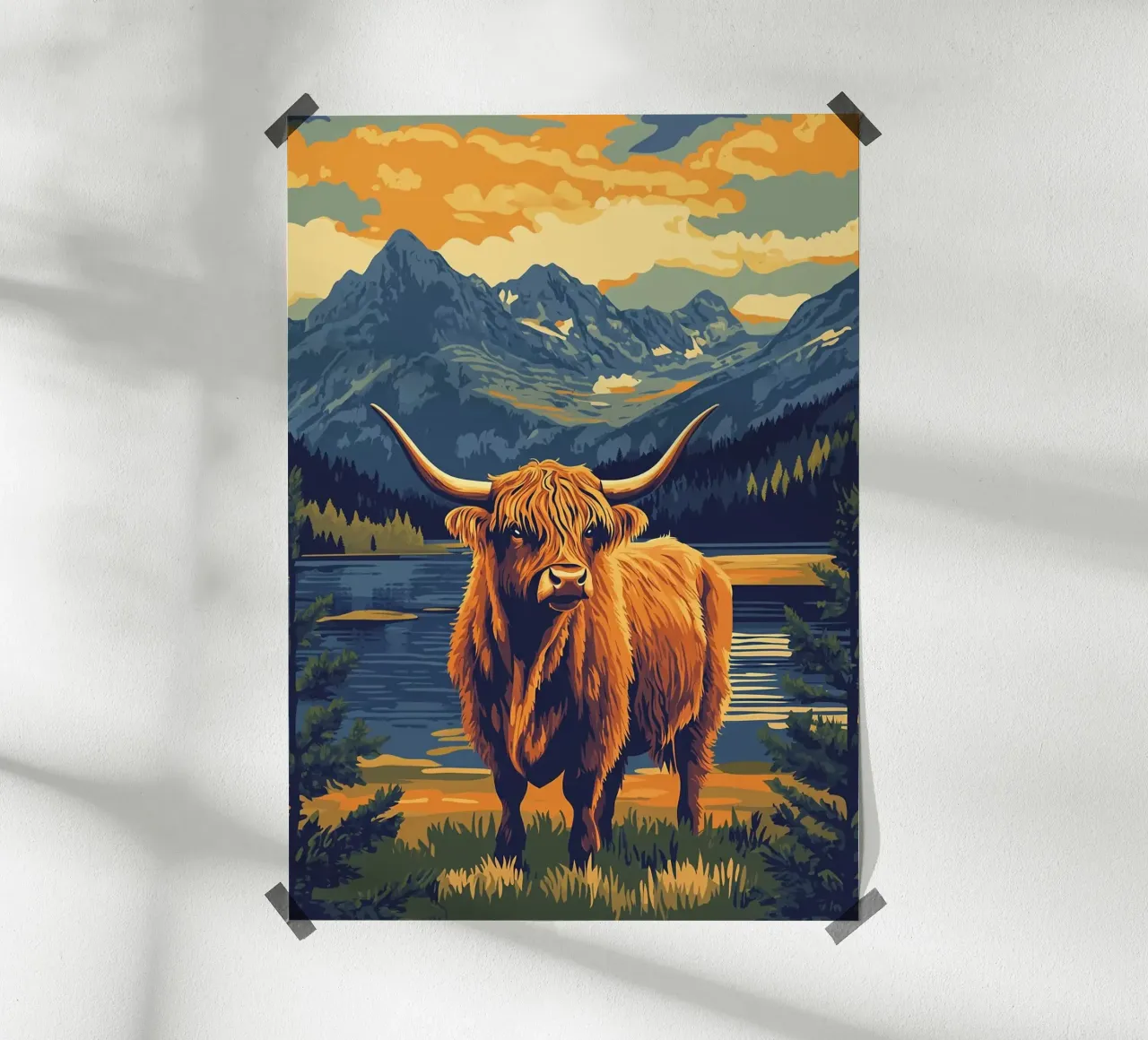 Paesaggio montano della mucca delle Highlands poster con telaio in alluminio da book