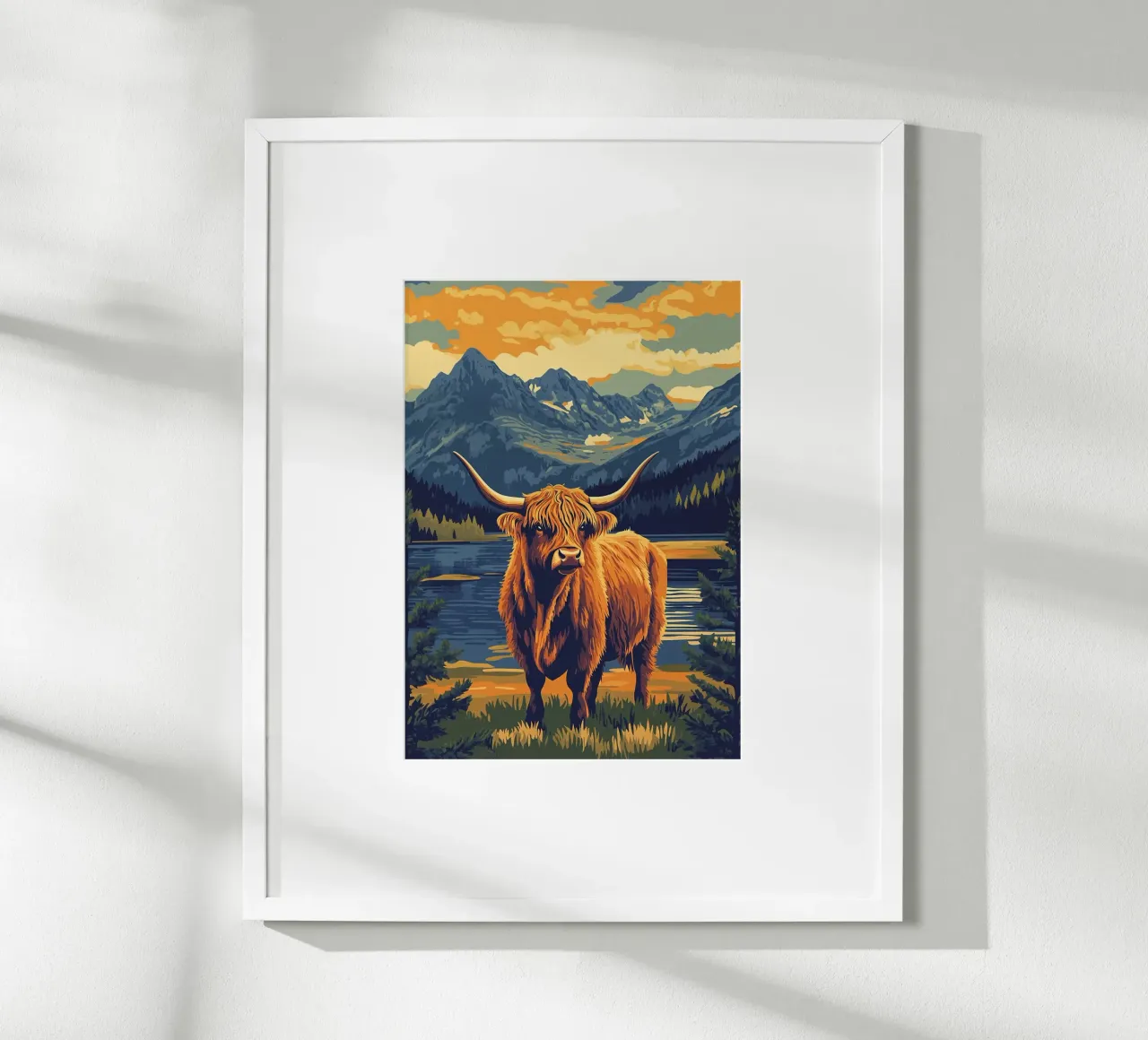 Paesaggio montano della mucca delle Highlands poster con telaio in alluminio da book