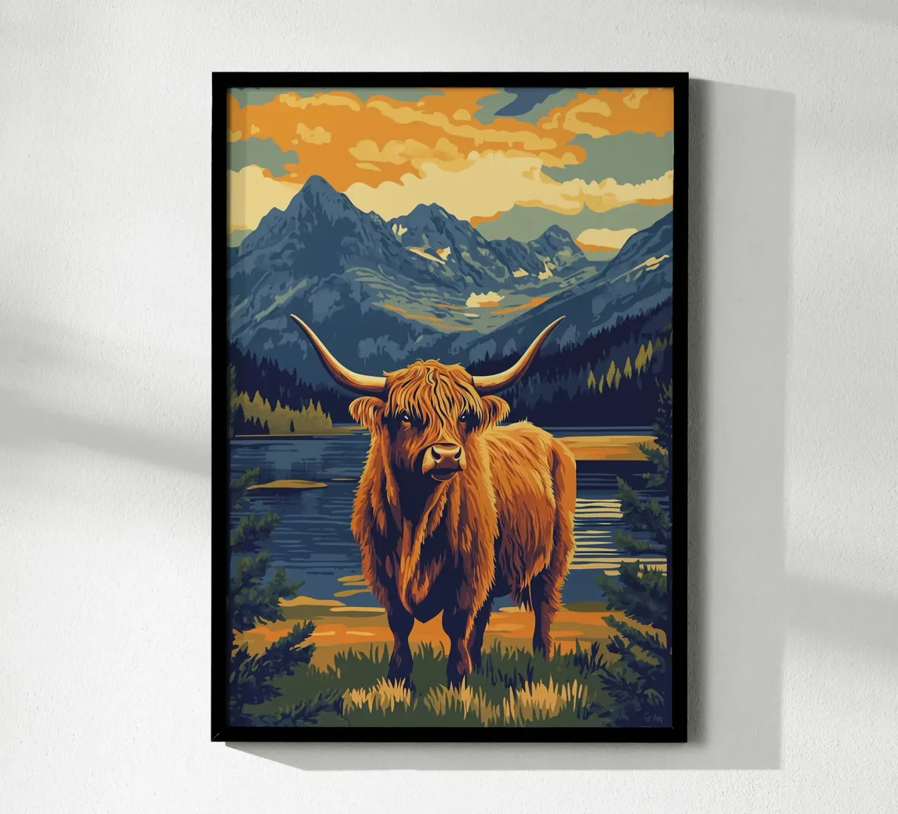 Paesaggio montano della mucca delle Highlands poster con telaio in alluminio da book