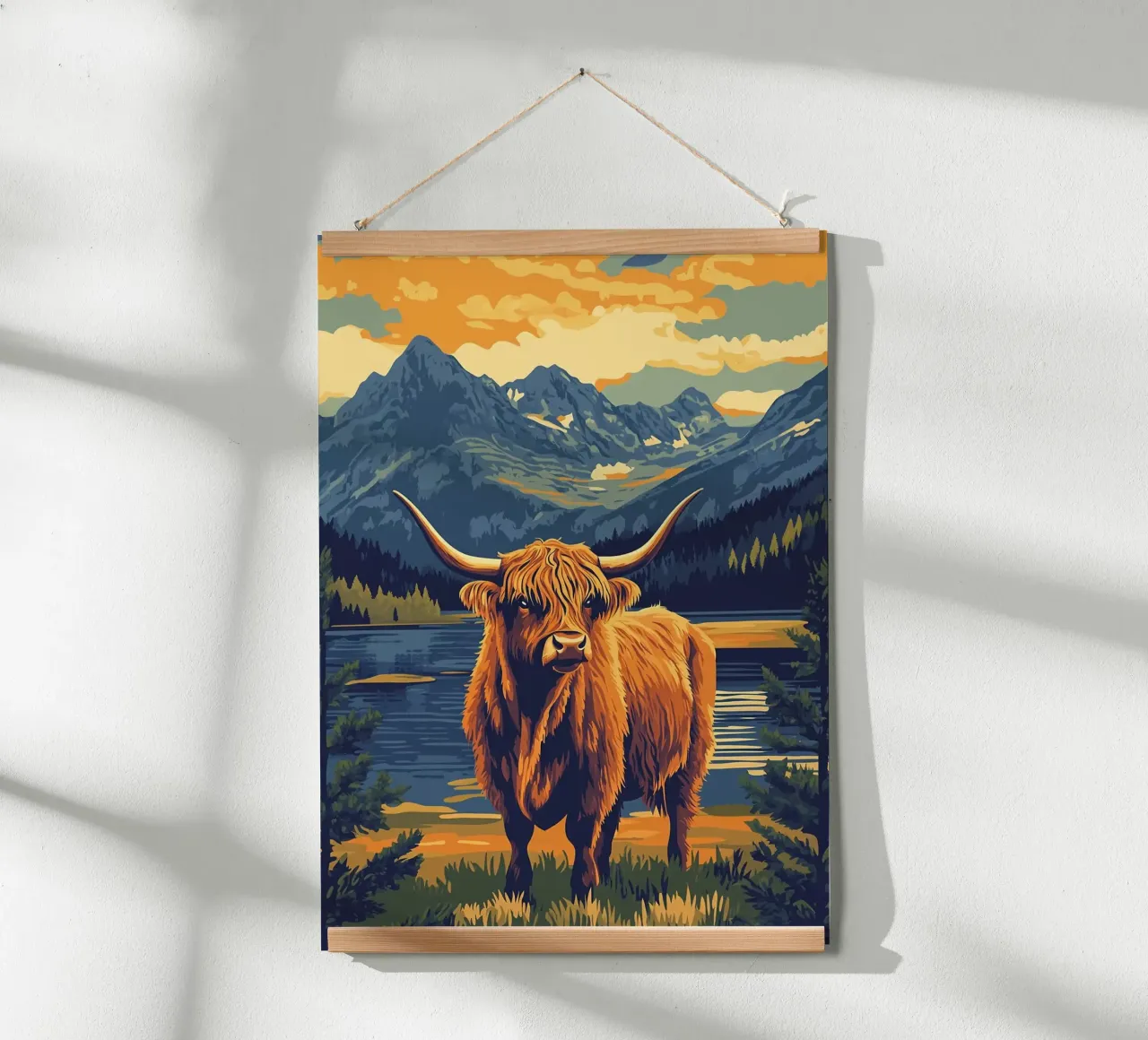 Paesaggio montano della mucca delle Highlands poster con telaio in alluminio da book
